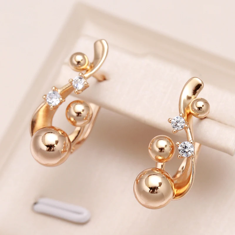 Kinel New Retro Glossy Spherical Long Earrings for Women 585 Rose Gold Fashion Wedding Jewelry Unique Modern Metal Drop Earrings