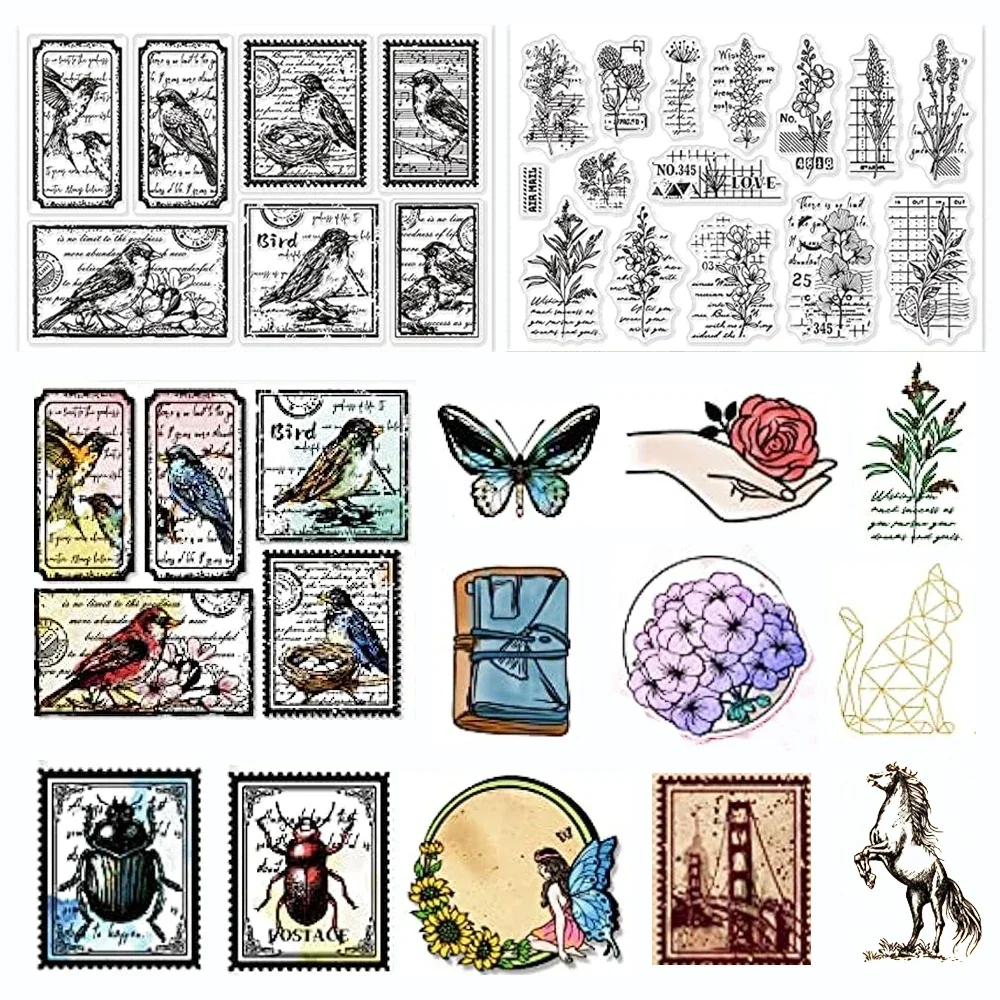 

Vintage Flower and Bird Text Clear Stamps for Scrapbook Emotional Travel Style Silicone Seals for DIY Envelope Decorative Cards