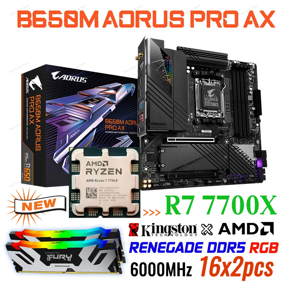 

GIGABYTE B650 Gaming Motherboard Kit B650M AORUS PRO AX with AMD RYZEN 7 7700X CPU KINGSTON 6000Mhz 32GB RGB Memory Combo