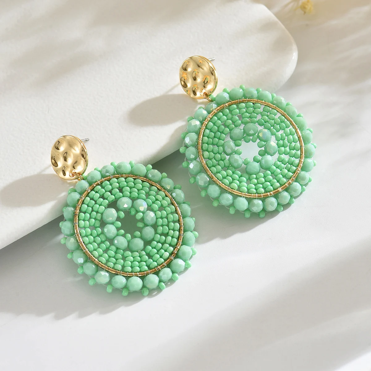 Bohemain Colorful Round Crystal Beads Drop Earrings for Women Ladies Handmade Geometric Metal Earrings Summer Party Jewelry Gift