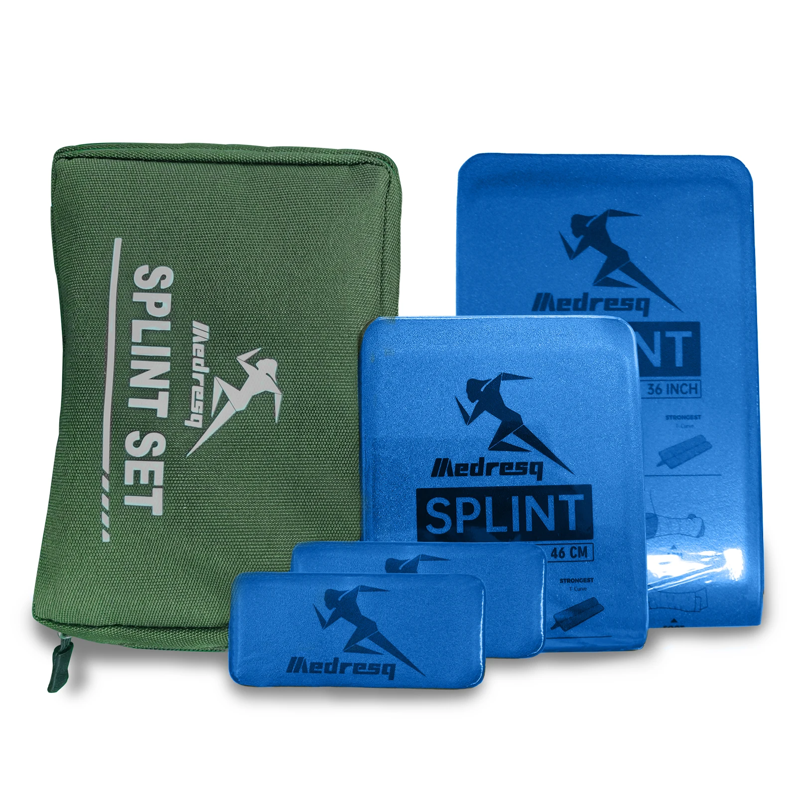 Trousse d'attelle premiers secours Medresq ouverte montrant les supports réutilisables pour bras et jambe.