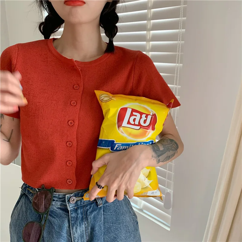 Women Slim Short Sleeve Knitted Cropped Sweater Top