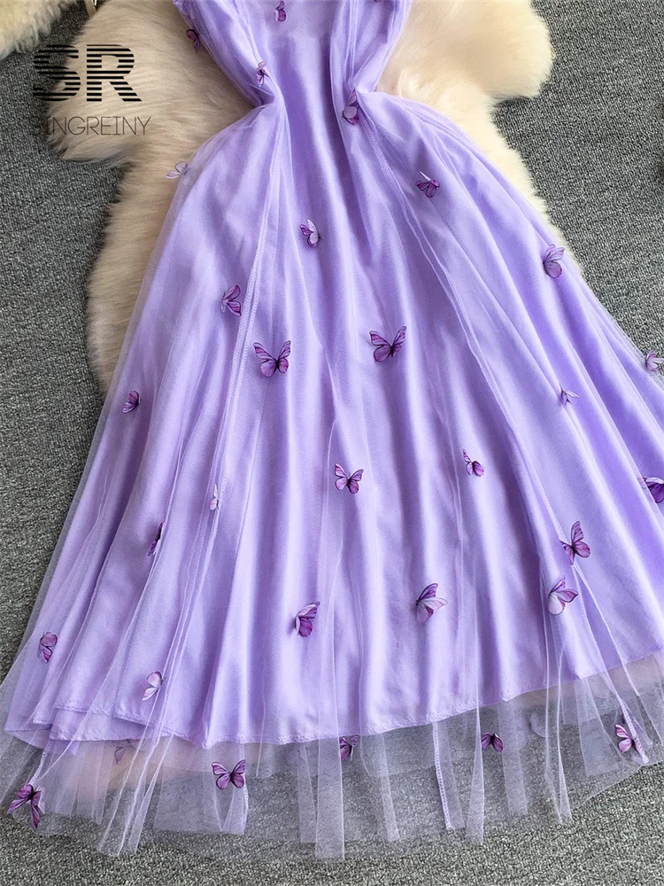 SINGREINY 3D Butterfly Mesh Dress Fairycore Sleeveless Backless Sling High Quality Summer Female French Romantic A-line Dresses 5