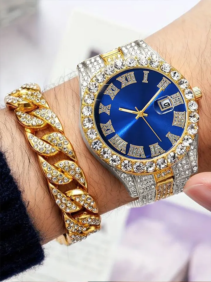 Montre Femme Dorée Acier Allié Avec Cadran Romain Et Diamants - Mouvement Quartz - Neuf