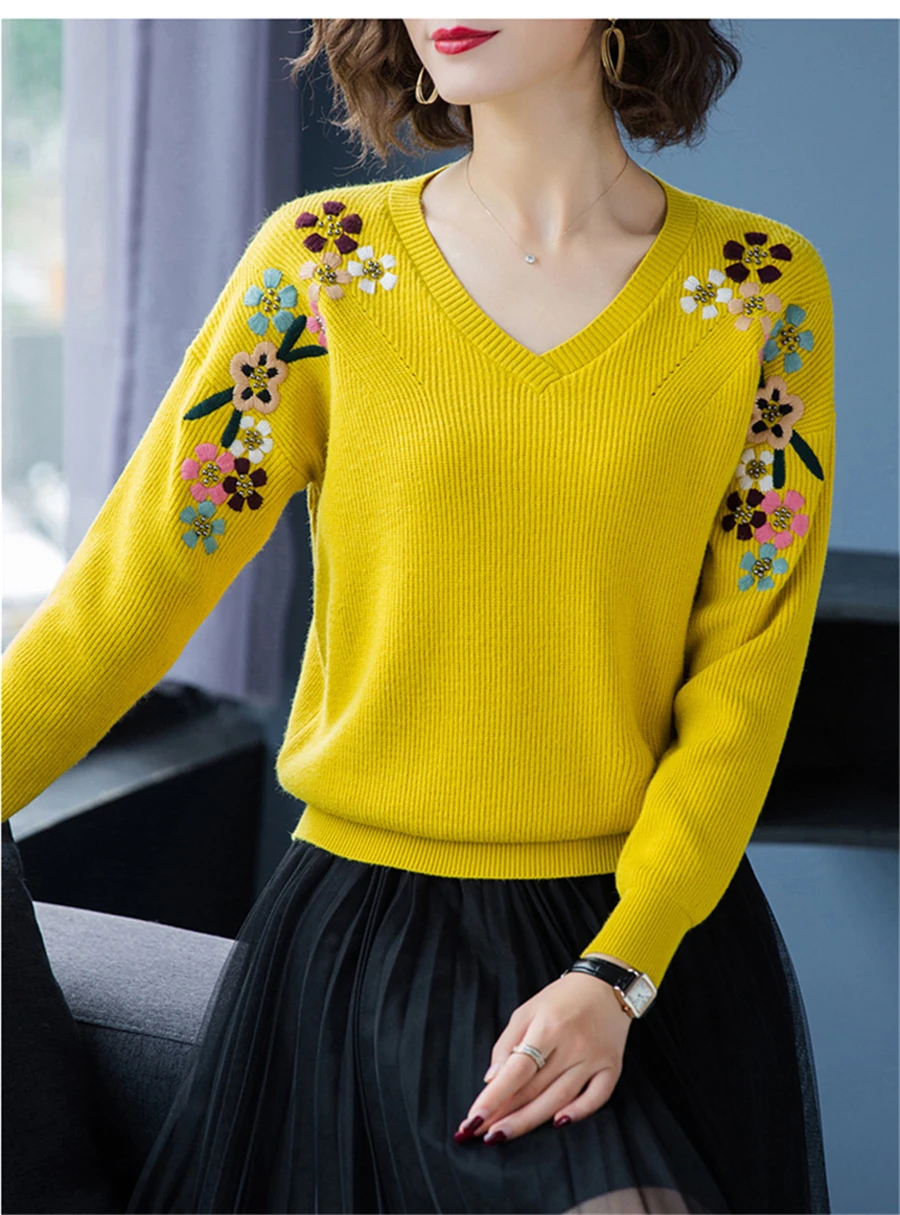 Slim V-Neck Flower Embroidery knitted Pullovers For Women Fashion spring Elastic Sweaters Large Size Casual Knitwear Tops Femme