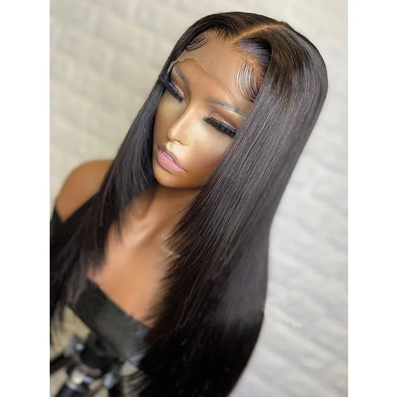 

Long Preplucked Glueless Soft 26Inch 180% Density Black layered hair Silky Straight 13*4 Lace Front Wig With Baby Hair Fiber