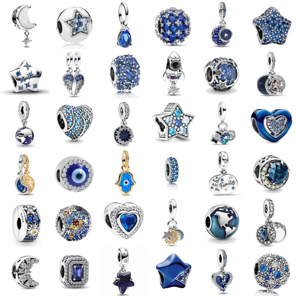 ๐ Blue Sparkling Zircon Star & Moon Charm Bead โ 925 Silver Celestial Pendant for DIY Bracelets 1