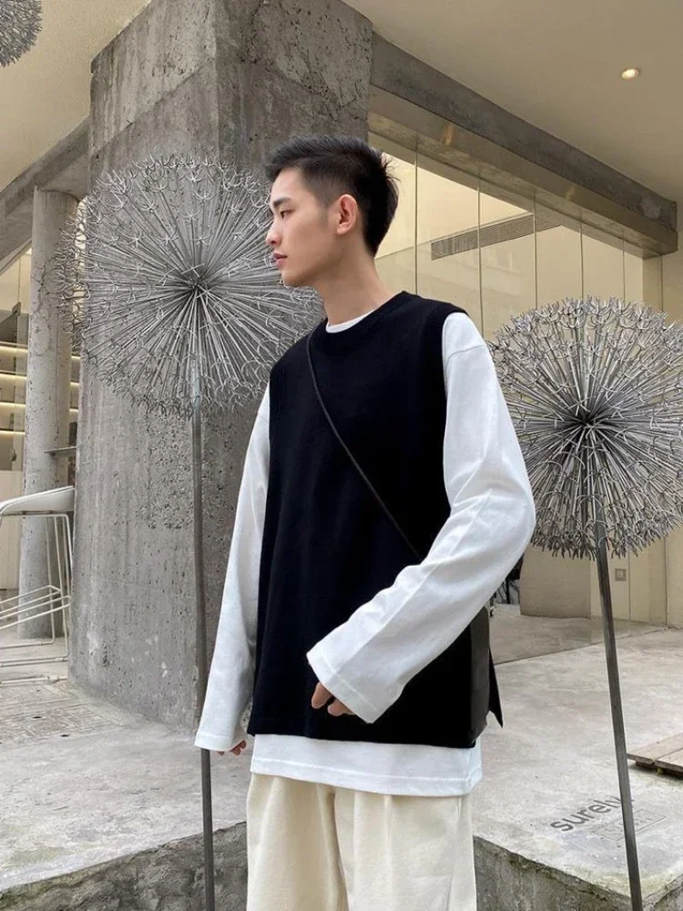 

Knit Sweater Male Vest Sleeveless Waistcoat Men's Clothing Black Solid Color Plain Slit Mode Cotton Korean Fashion Cheap New In