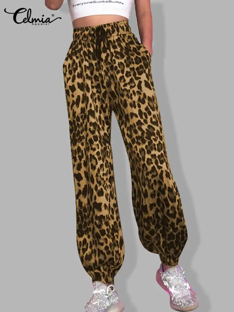 Celmia Women Casual Pantalones Streetwear Fashion Pants Loose Leopard Print Jogger Trousers Drawstring 2023 Summer Harem Pants