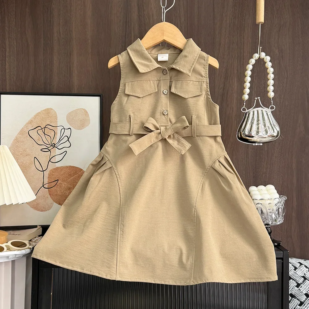 Koreanische Version Khaki Mädchen Casual Kleider Ärmel Flip Kragen Arbeitskleidung Kinder Kleid Sommer Neue Einfarbig kinder Kleidung – Detail 2