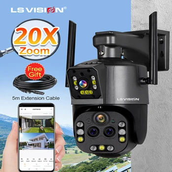 LS VISION 4K IP 카메라 야외 WiFi PTZ 듀얼 스크린 20X 10X 광학 줌 자동 추적 방수 보안 CCTV 캠 5m 케이블