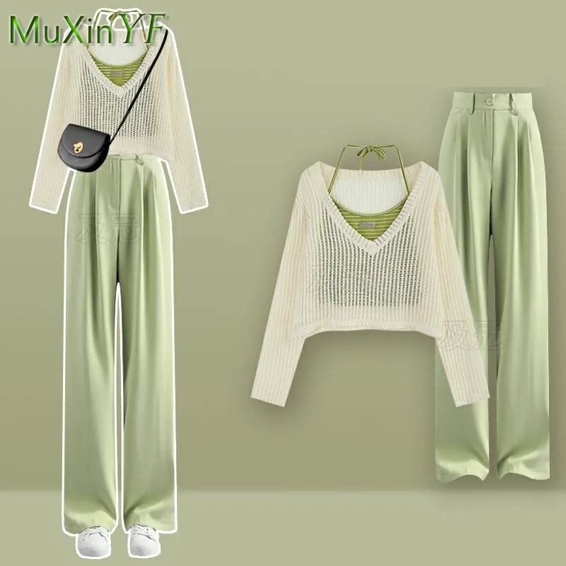 Women's Summer Fashion Hollow Out Shirt+Suspender+Wide Leg Pants Three Piece 2023 New in Matching Set Korean Elegant Tracksuit