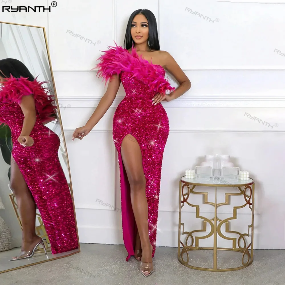 

Women Sequined Feather One Shoulder High Side Split Bodycon Midi Maxi Dress Sexy Club Even Party Long Dresses Vestidos