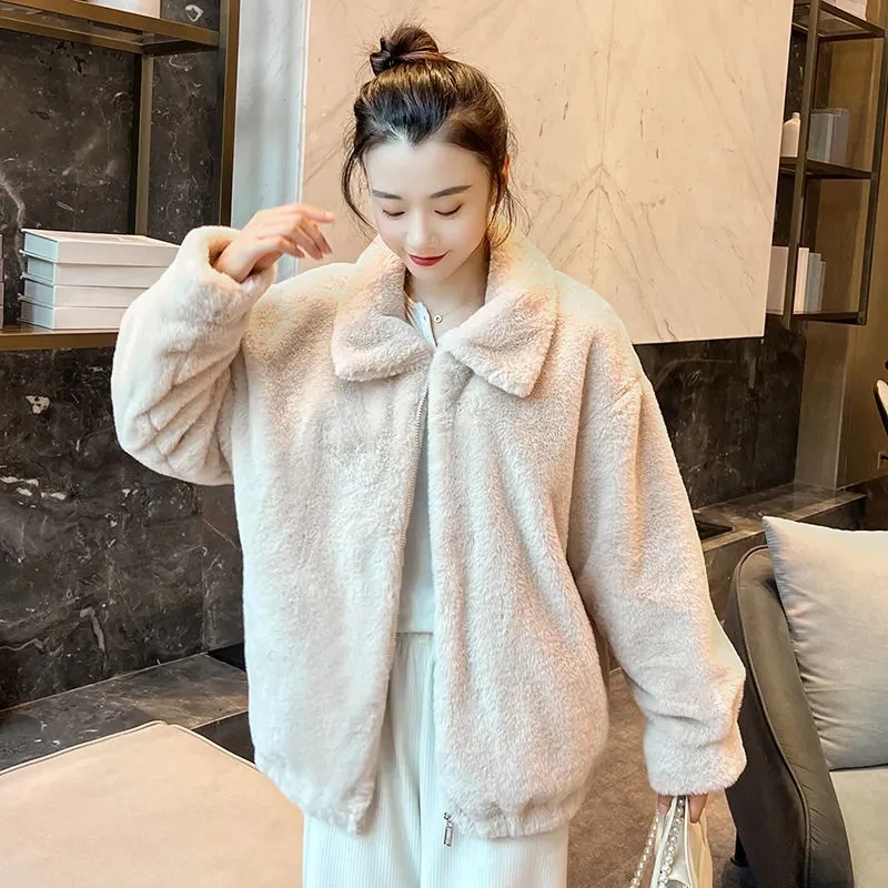 Fluffy Autumn Winter Faux Fur Jackets Women Turn Down Collar Loose Coats Korean Fashion Clothing Women\'s Fur Outerwears