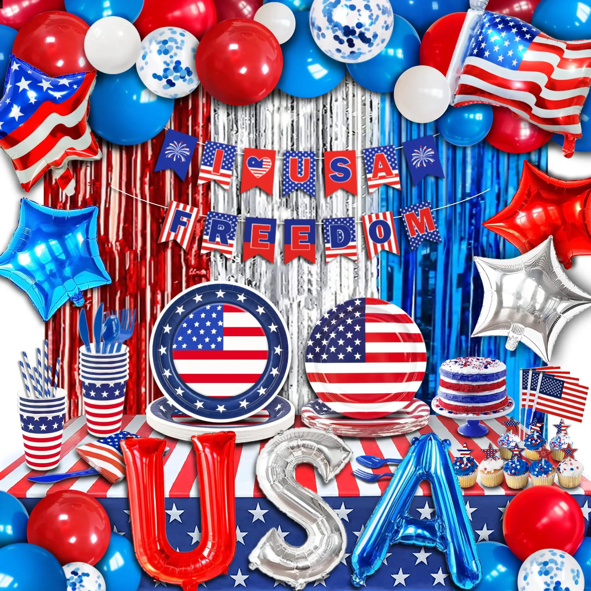 USA-Thema, Partydekoration, amerikanische Flagge, Tattoo-Aufkleber, Flaggenplatten, Banner, Tassen, 4. Juli, Unabhängigkeitstag, patriotisches Zubehör