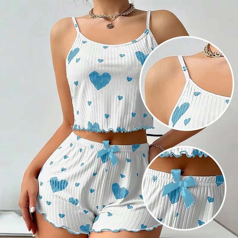 Sexy Heart Print Pajama Set Women Sleepwear Trendy Fashion Lounge Wear Nightwear Two Piece Set Homewear Pyjamas
