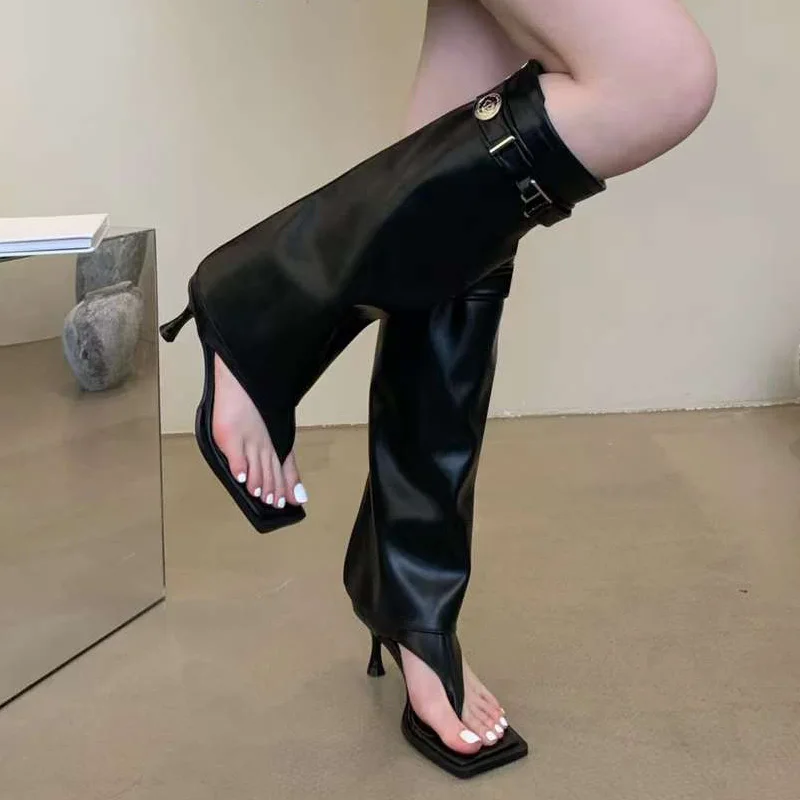 Women Thong Shoes Black Summer Boots Low Heel Flip Flops Knee-High Boots Sexy Zipper Clip Toe Sandals Ladies Buckle Shoes