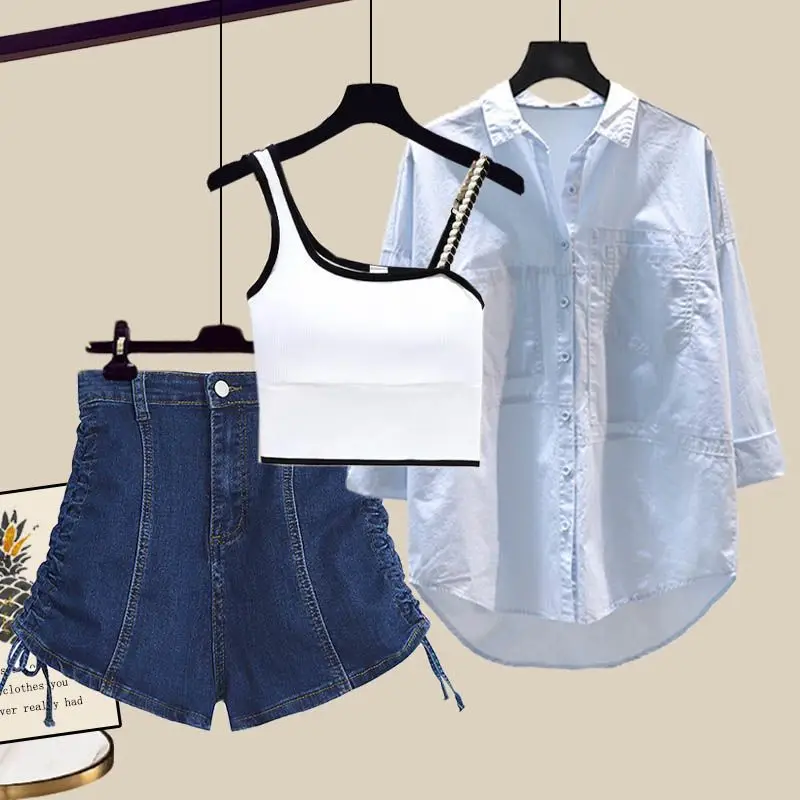 Women Clothing Three Piece outfits  for Spring/Summer 2023 New Arrival Korean Sunscreen Shirt Sling Tank Top Denim Shorts Set women s mmsix jeans 2023 korean new arrival color matching tie dye wide leg denim pants high waist casual denim trousers