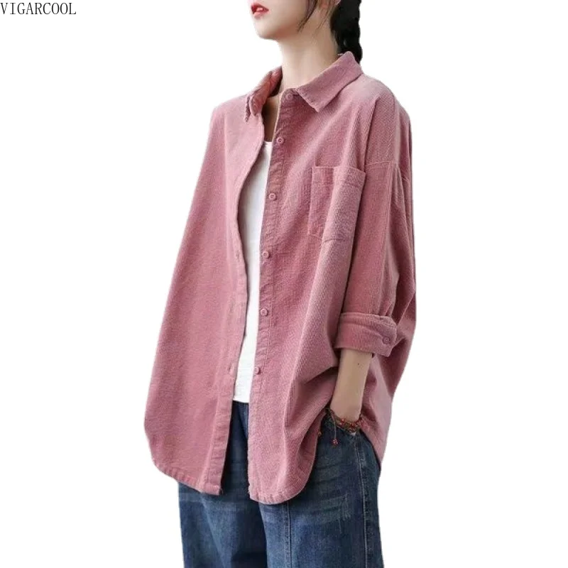 

Spring and Autumn Art Retro Corduroy Long Sleeved Shirt for Women 2023 New Outwear Versatile Casual Corduroy Shirt for Female