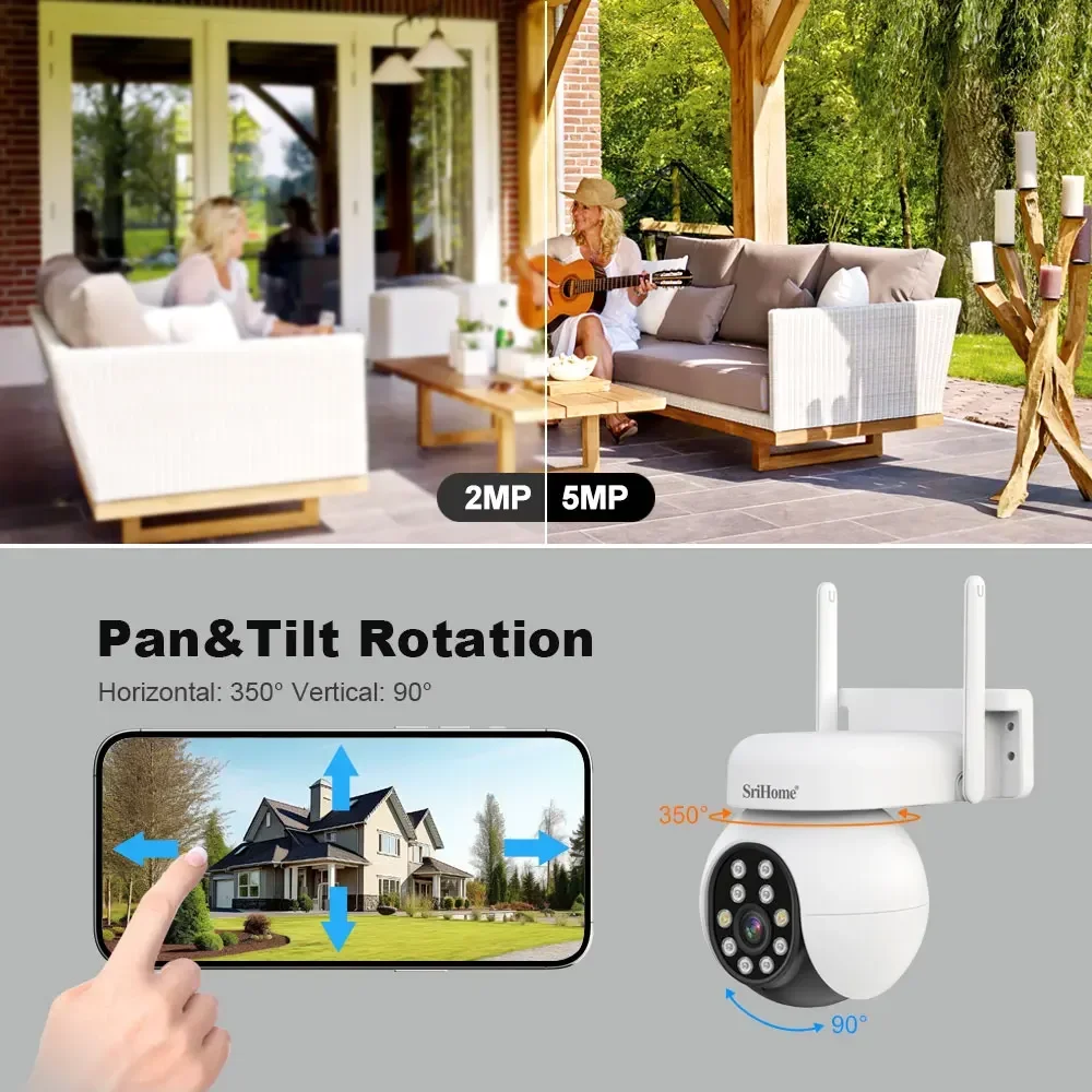 Srihome SH052 Wifi 5MP Wireless PTZ IP AI Auto Tracking Sound&Light Alarm Starlight Color Night Vision Outdoors Surveillance Cam 5