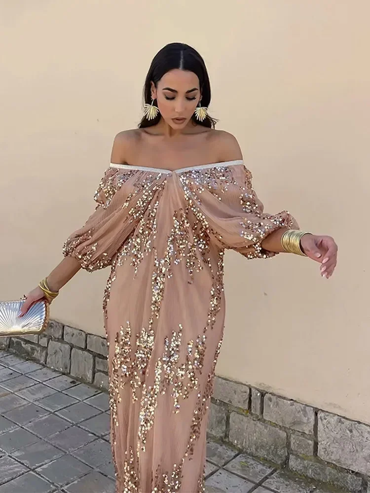 

Fashion Glitter Sequin Puff Long-sleeved Long Dress Women Sexy Strapless Off Shoulder Maxi Robes Summer 2024 Elegant Street Wear