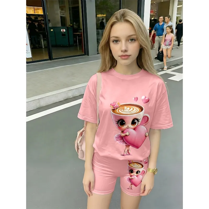 귀여운 커피 컵 소녀 프린트 캐주얼 투피스 세트, 여름 반팔 티셔츠와 반바지, 생일 선물로 적합