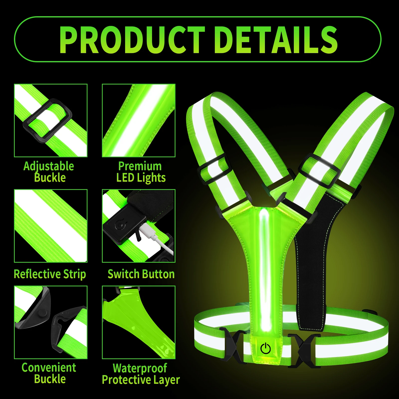 LED Reflective Vest USB Rechargeable Light Up High Visibility Running Gear Jogging Walking
