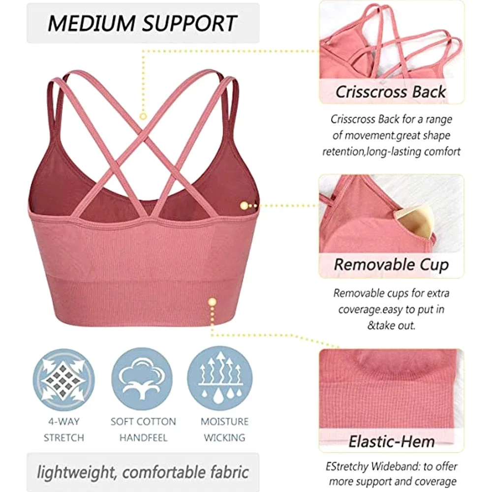 1PC Cross Back Sports Bra for Women – Padded Yoga Bralette w/Criss Cross Straps – Low Impact Workout Top for Gym,Running,Pilates
