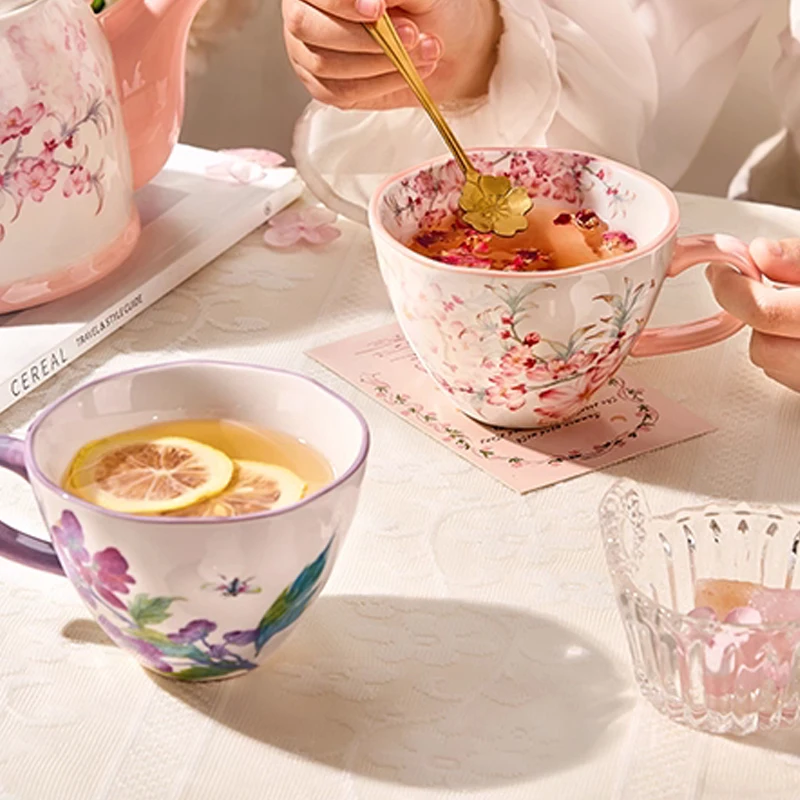 Chinese Style Ceramic Gift Cute Mug, Home Personal Office Creative Hand Drawn Flower Patterns, Milk Water Coffee Cup, 350ml, 1Pc