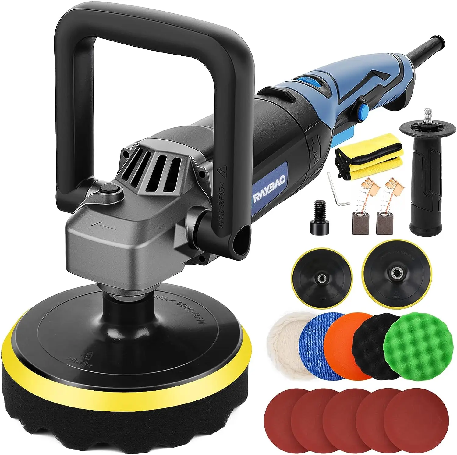 

Polisher, 1200W Rotary Buffer Polisher with 7-inch/6-inch Backing Plate, 6 Variable Speed 1600-3500RPM, Detachable Handle, Car P