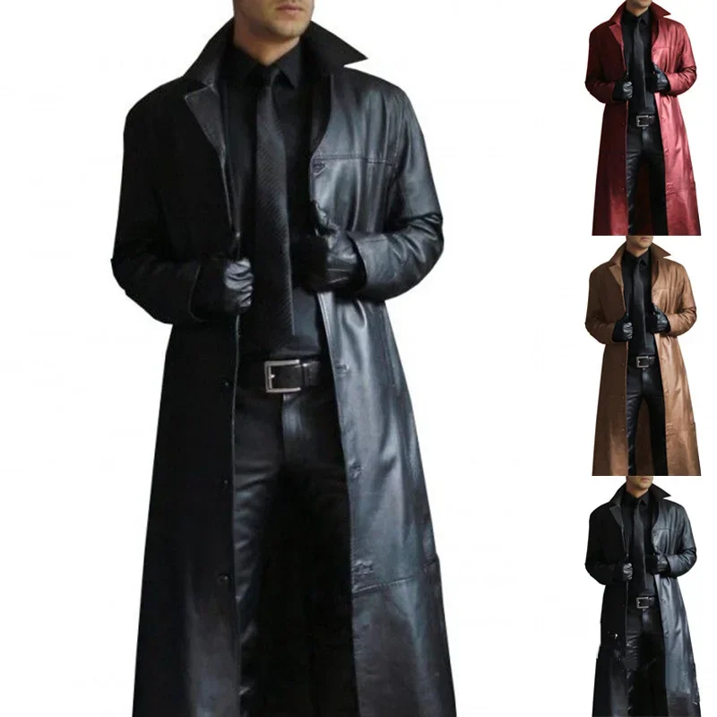 Description Picture 5 of item2024 Men Faux Leather Trench Fashion Long Sleeve Autumn Windbreaker Coat Slim Leather Long Leather Jacket Men's Jacket Outwear
