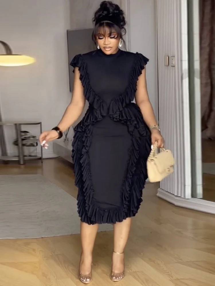 Wmstar Dress Women Wholesle New 2025 Summer Fashion Ruffled Waist Cinching Solid Color Body Hugging One Piece Luxury Clothe