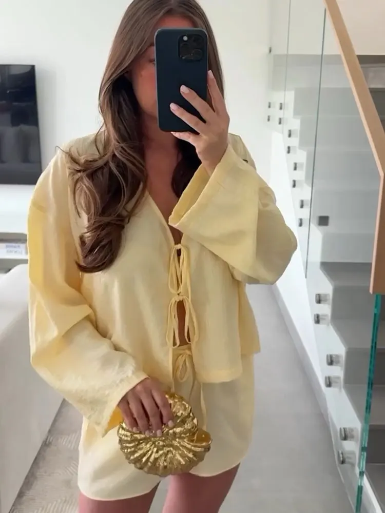 HH Women Yellow Shirts Shorts Suits V Neck Long Sleeve Lace Up Blouse Casual Drawstring Shorts Solid Office Lady Sets