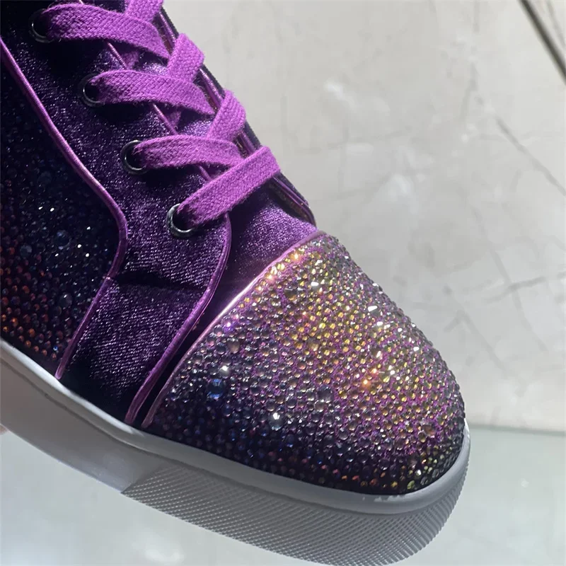 Luxury High Top Purple Diamond Crystal Red Bottoms Shoes For Men's Casual Flats Loafers Women Couple Wedding Rhinestone Sneakers 6