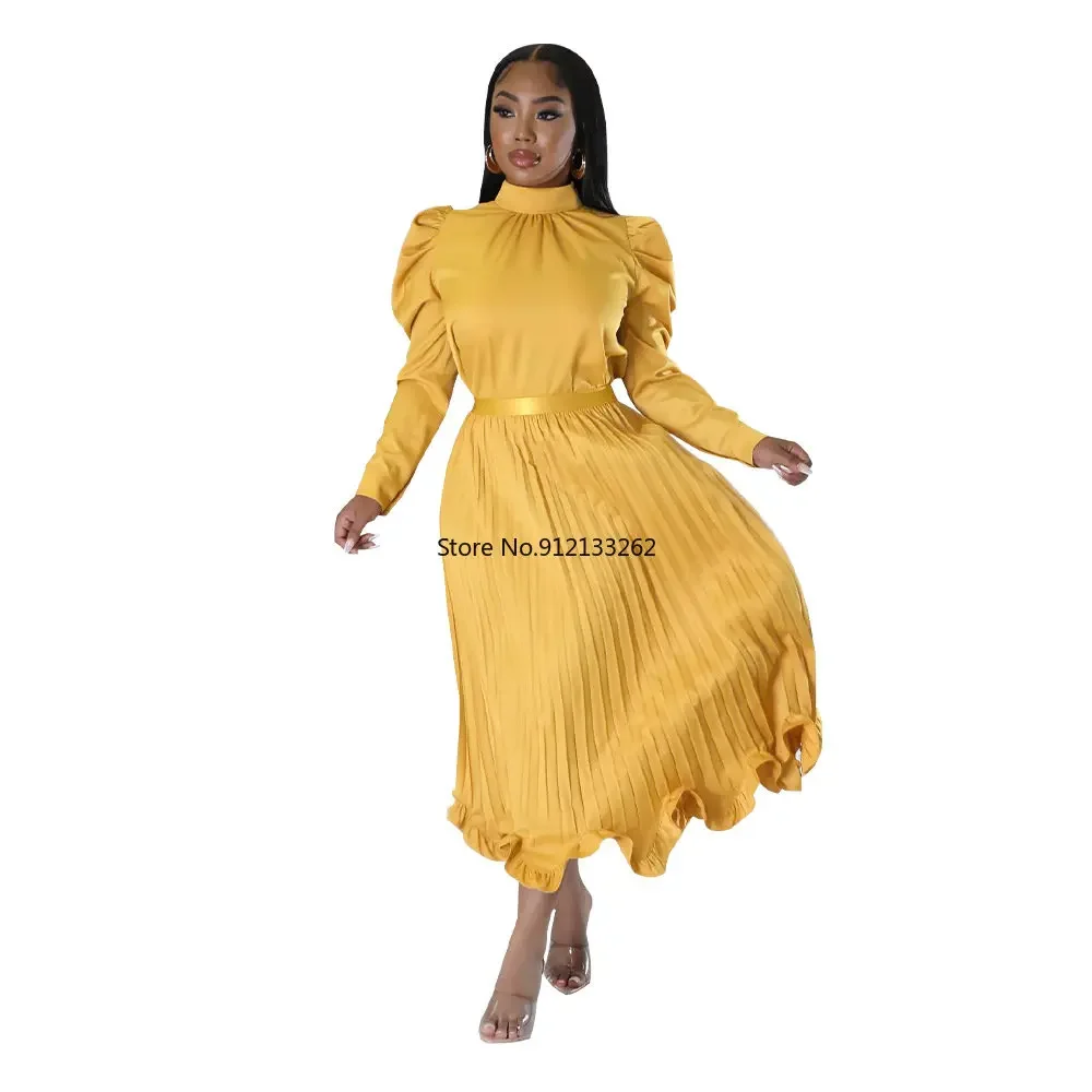2024 Autumn Winter Woman Pleats Ruffles Skirt Two Pieces Set High Neck Full Sleeves T Shirt Elegant Party Club Suits Female 2 two piece skirt set africa clothing african clothes plus size african dresses for women 2023 organza ruffles sleeves outfits