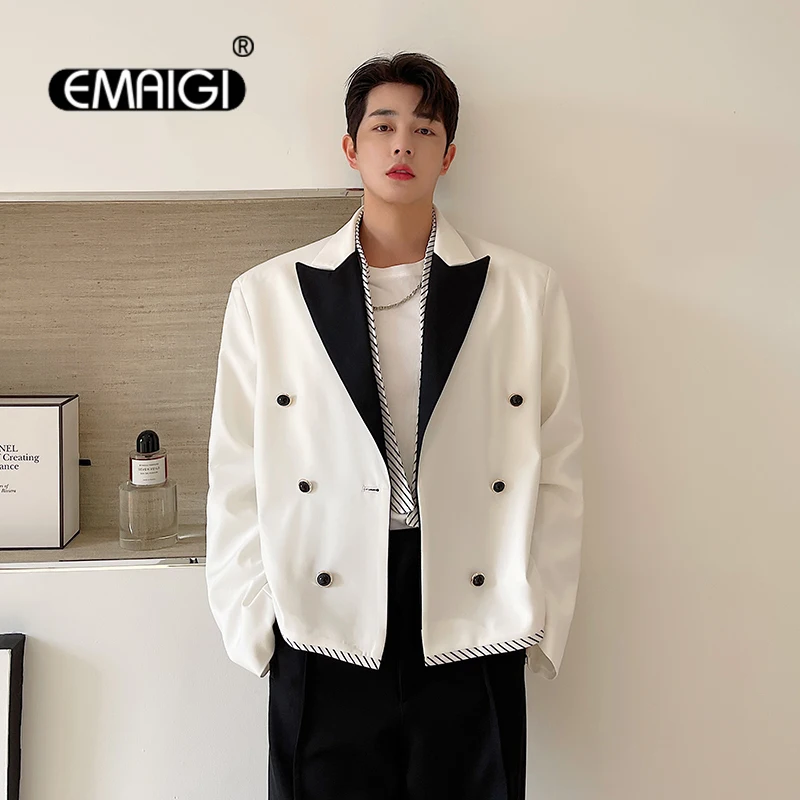 

Мужской черный, белый контрастный цвет, Свободный Повседневный винтажный короткий Блейзер, костюм, куртка, мужской нишевой корейский костюм, пальто для женщин