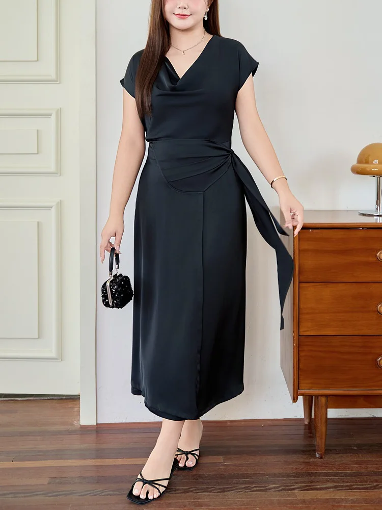 Plus Size Women Dresses Premium Copper Ammonia Satin Swing Collar Lace Up Fold Waist Commuting Black Short Sleeve Dress