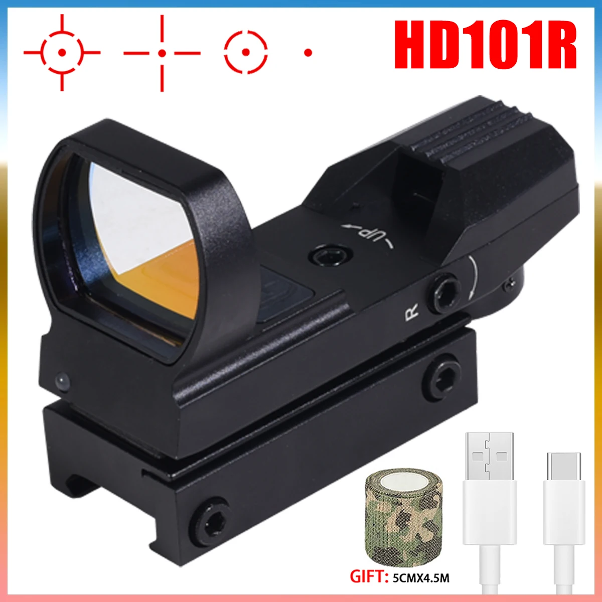 Tactical Red Dot Sight Collimator 4 Reticle Airsoft Reflex Sight Hunting Rifle Scope HD101R Type-C USB Rechargeable