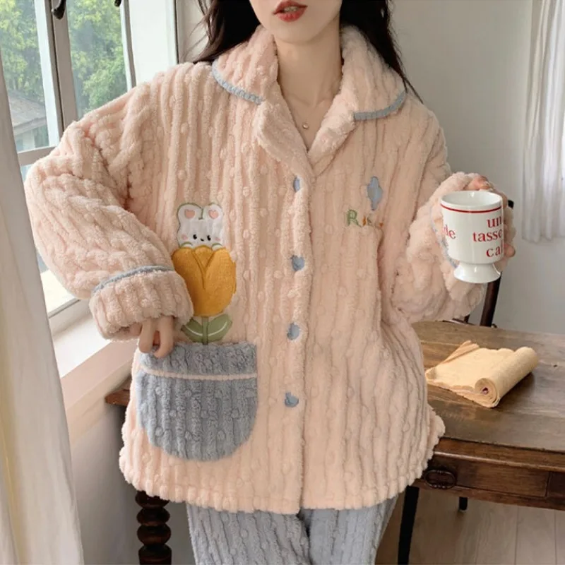 2023 New Pajama Women Autumn Winter Sleepwear Thickened Cute Flannel V-neck Homewear Princess Style Warm Loungewear Set