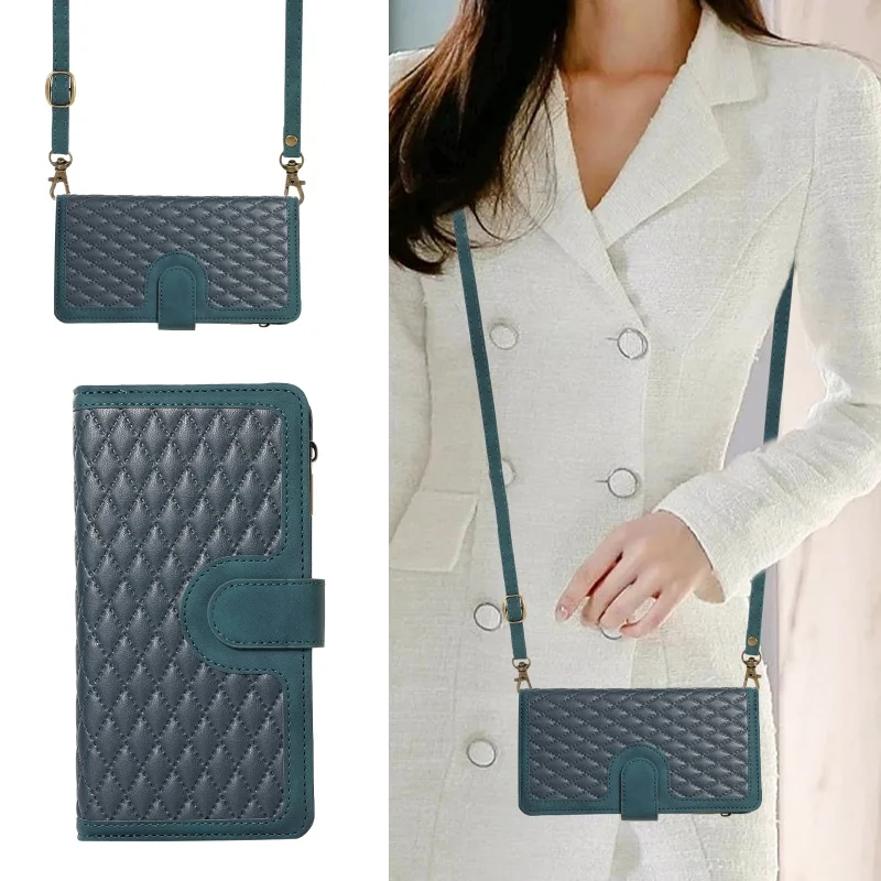 Luxury Zipper Leather Flip Wallet Phone Case with Lanyard and Card Holder