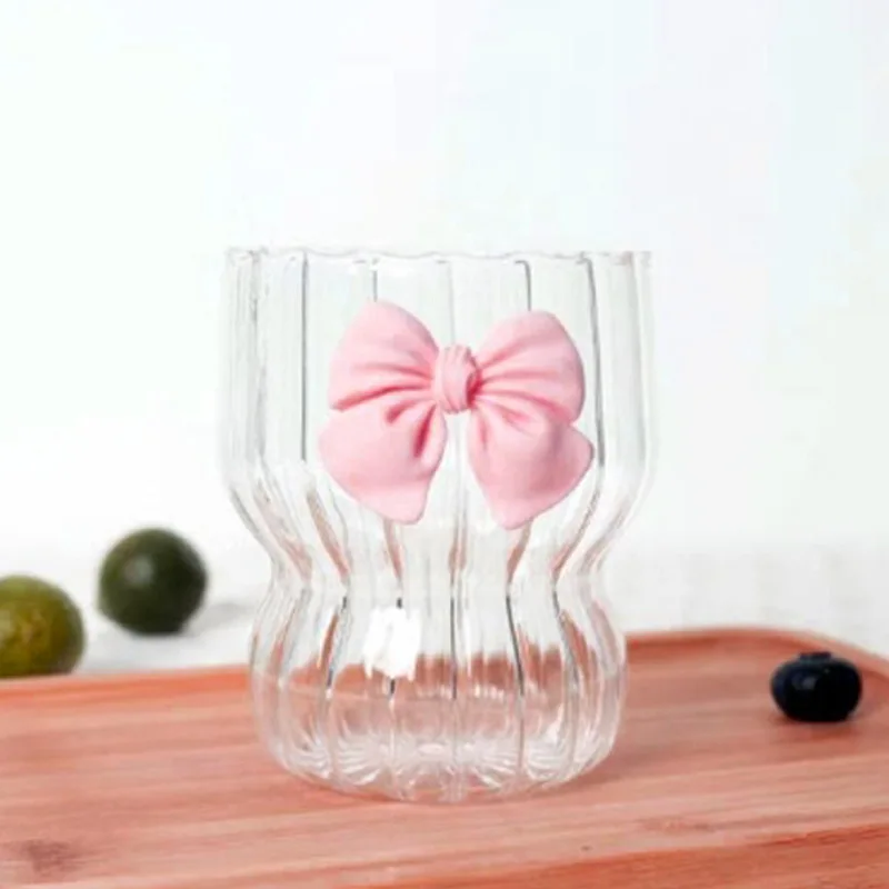 300ML high borosilicate glass cup Pink bow heat-resistant coffee cup vertical grain fat tea girl heart cold and hot dual