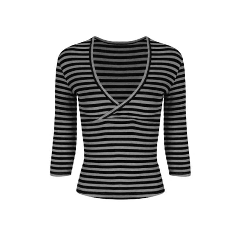 Tonngirls Y2k Ästhetisches T-Shirt für Damen, schmal geschnitten, V-Ausschnitt, gestreift, Streetwear, japanische 2000er Crop-Tops, Outfit, T-Shirts, E-Girls – Detail 9