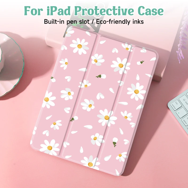 Floral Design iPad Protective Case with Pencil Holder and Auto Wake/Sleep Function
