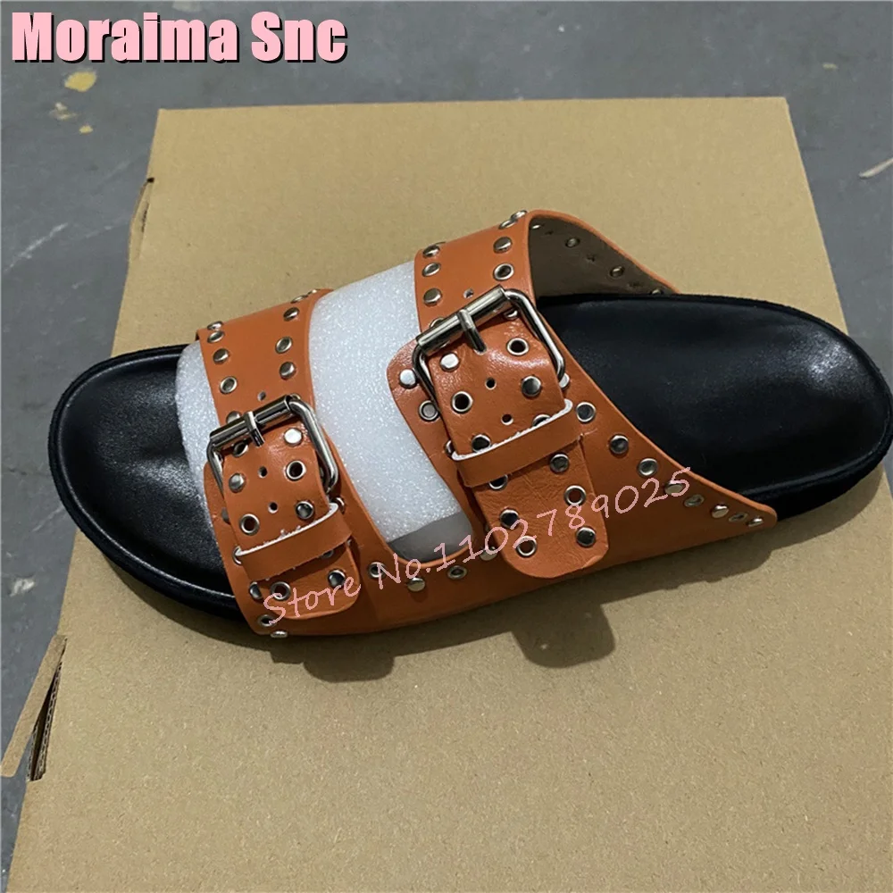 Rivet Belt Buckle Flat with Slippers Round Toe Black Solid Women Shoes Summer Slides Casual Outside Fashion Newest Slip On 2023