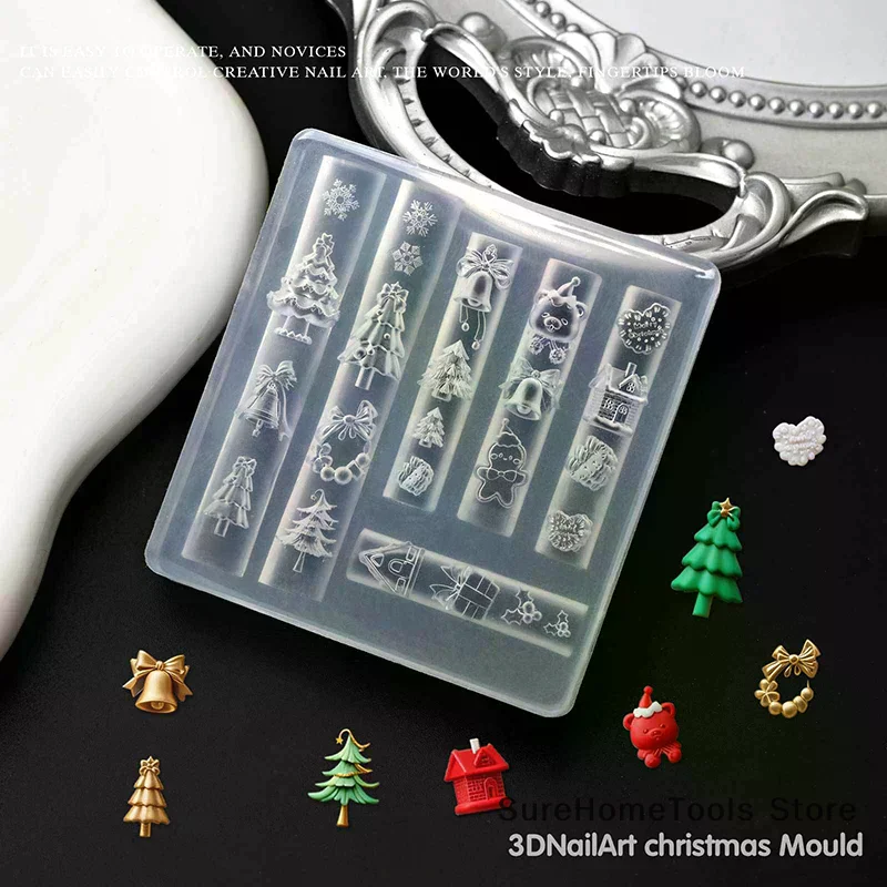 1pc 3D Christmas Silicone Nail Mold Snowman Christmas Tree Snowflake Nail Decorations DIY Manicure Mold Winter Festive Nail Art