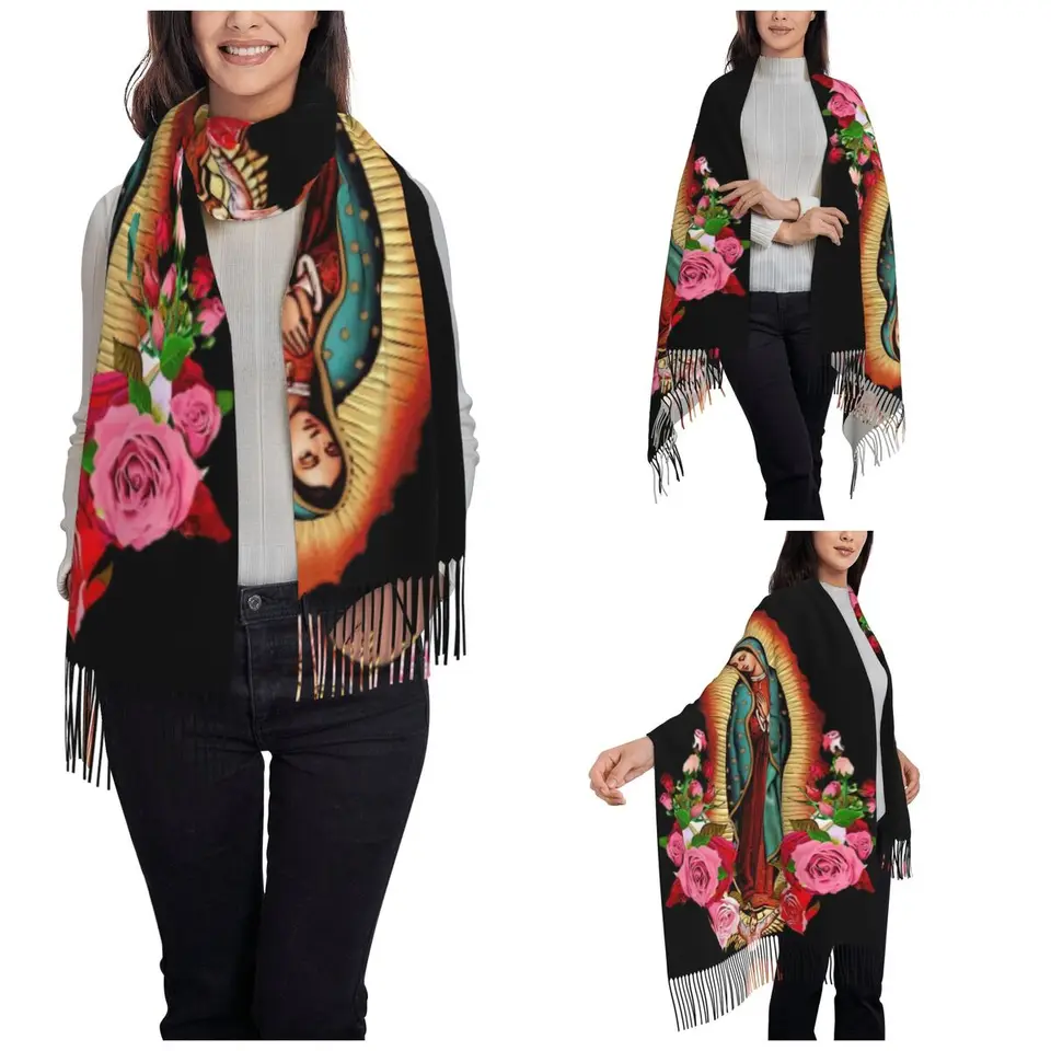 Pashmina Scarf Virgen De Guadalupe Scarf - Catholic Shawl With Virgin Mary Print For Women Rebosos Bordados Mexicanos