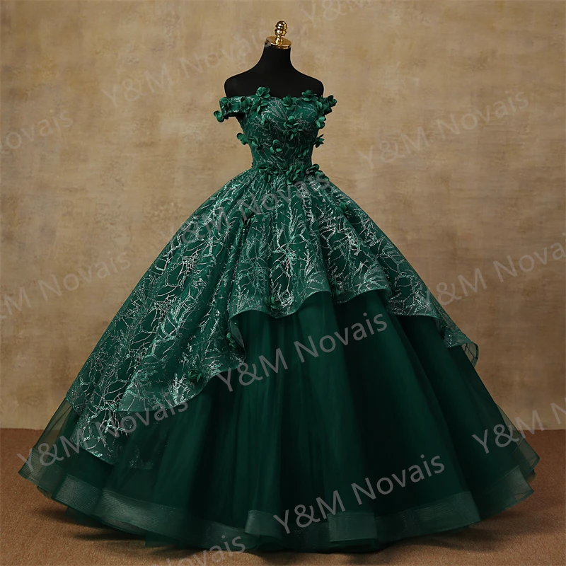 3D Flowers Custonized Glittering Luxury Appliques Quinceanera Dresses Off Shoulder Birthday Party Ball Gown Vestidos de 15 a&ntilde;os