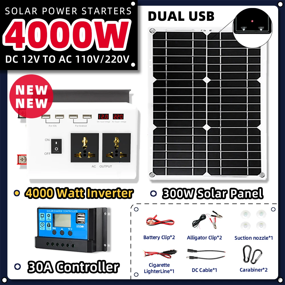 

Полный инвертор для солнечной батареи, контроллер 4000 Вт, 30 А, солнечная панель 300 Вт, умная зарядка, для кемпинга, для автомобиля, RV, электростанции, солнечная батарея
