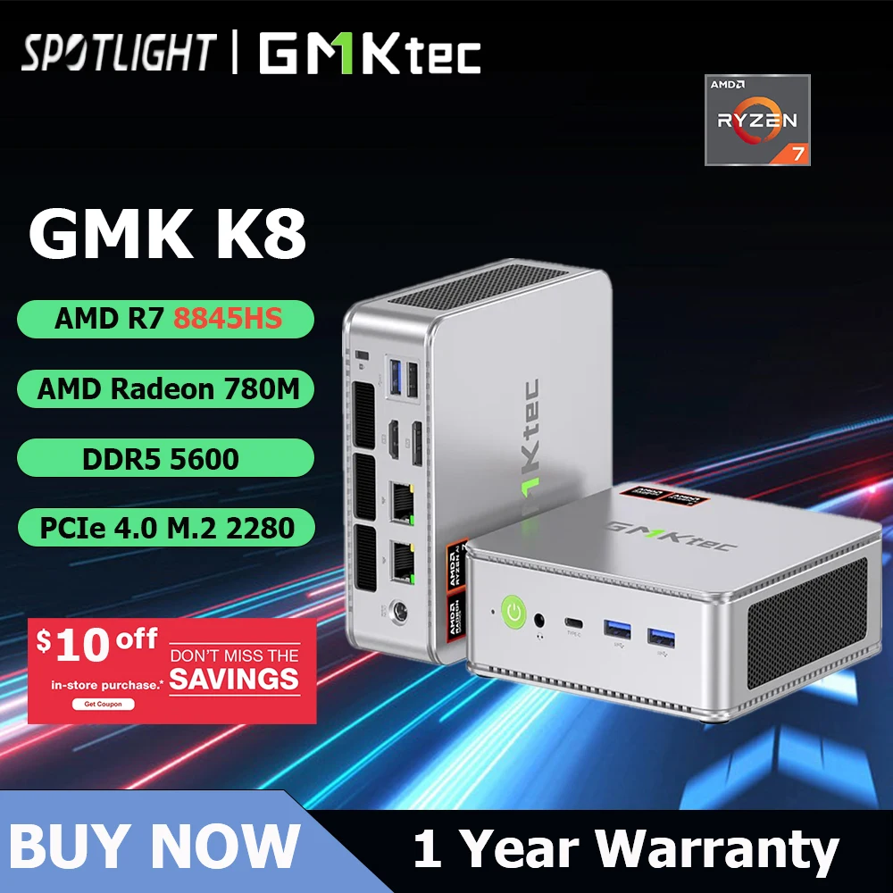 GMKtec 게이밍 미니 PC, K8 AMD R7 8845HS, 8 코어, 16 스레드, 32GB DDR5, 1TB SSD, 컴퓨터 PC 게이밍 데스크탑