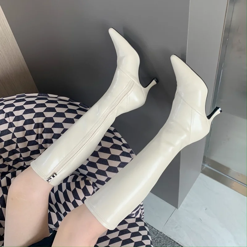 Fashion Women High Boots Black White Winter Chelsea Stretch Boots Back Zipper Elegant Party Pumps Thin High Heels Women Shoes